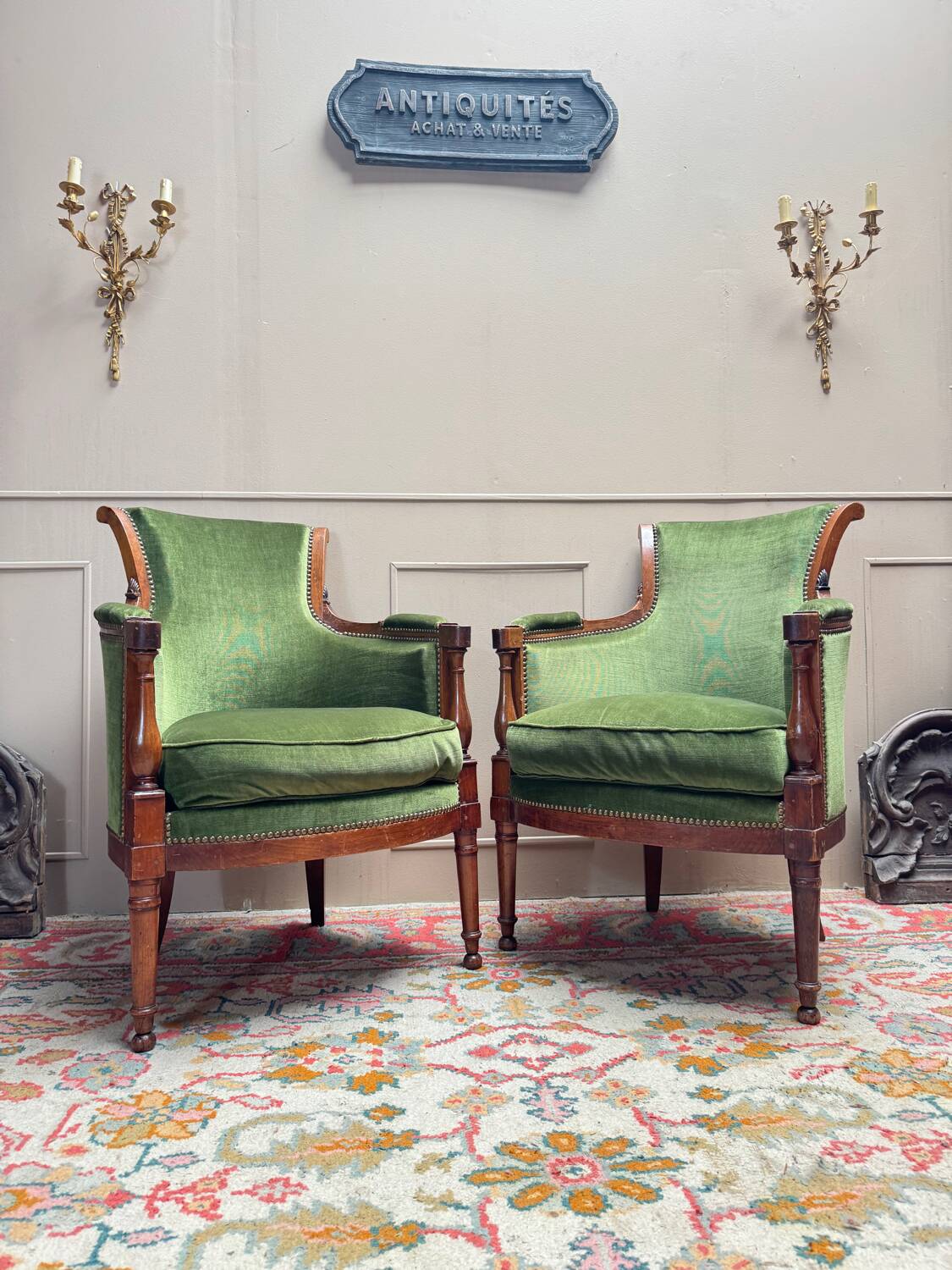 Pair of mahogany cabriolet bergère armchairs from the 18th-century Directoire period.