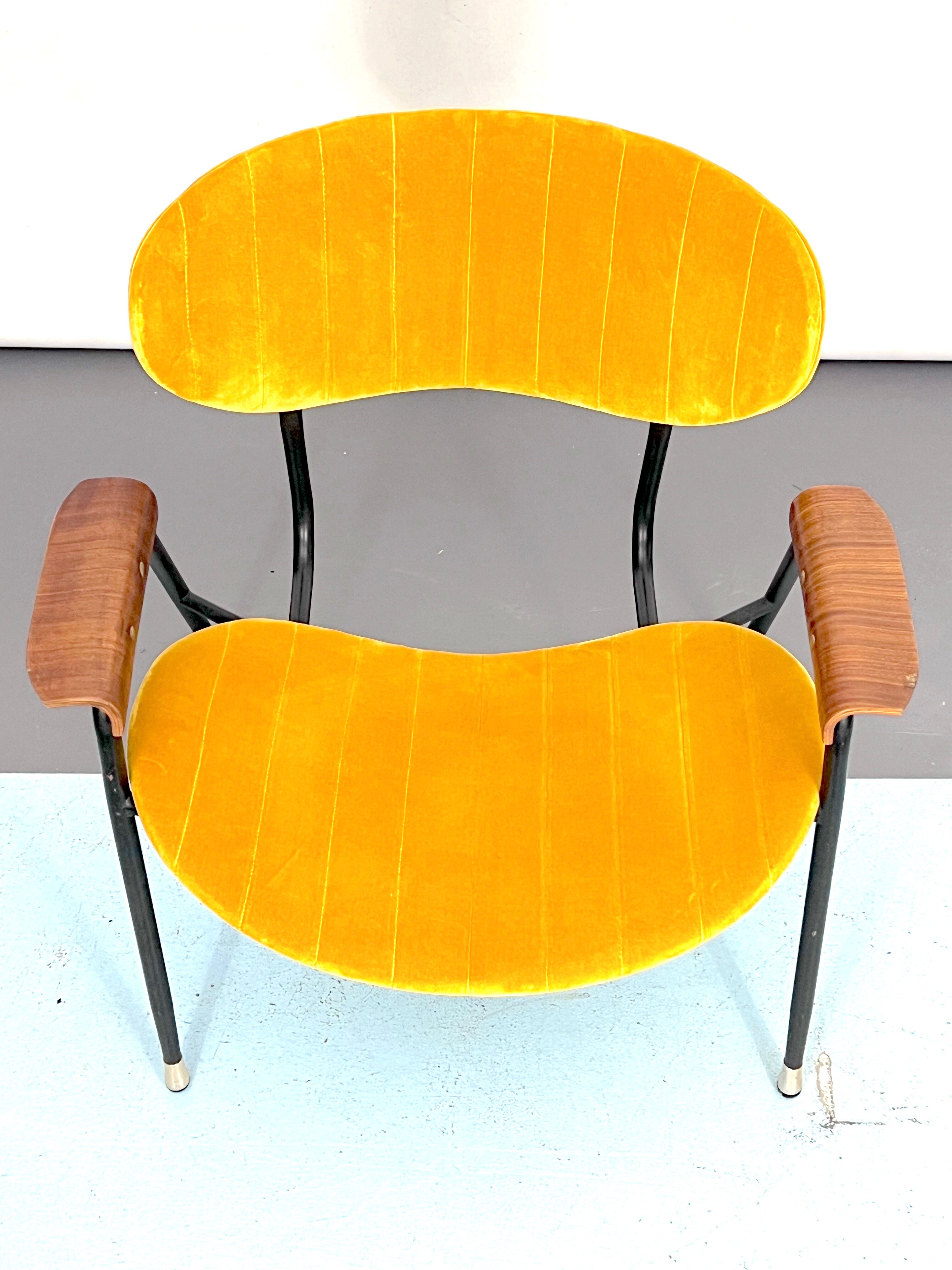 Vintage yellow velvet chair by Gastone Rinaldi for Rima. Italy 1950s