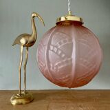 Vintage art deco globe pendant light in pink frosted glass