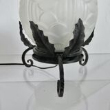 Art Deco lamp in frosted glass and wrought iron In the style of Edgard Brandt, 1930s-40s