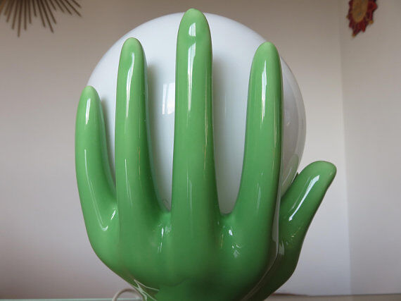 Hand green ceramic lamp and opaline white years 70