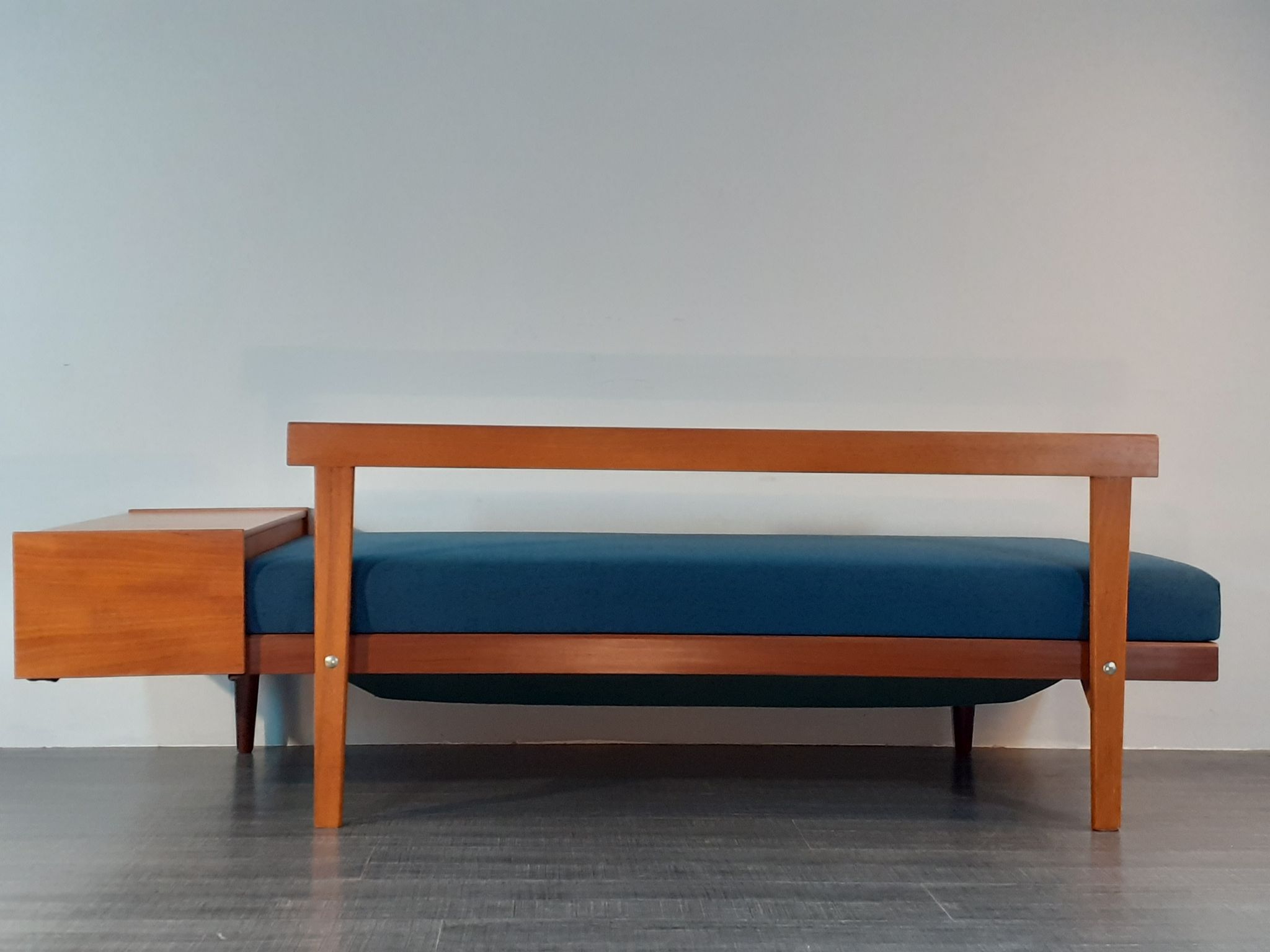 Norwegian daybed sofa in teak and blue fabric, renovated, vintage scandinavian 1960s