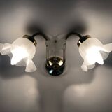 Pair of vintage brass wall lights with flower and glass tulip. 80 years