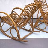 Franco Albini style, pair of rattan and bamboo rocking chairs. Italy 1950s