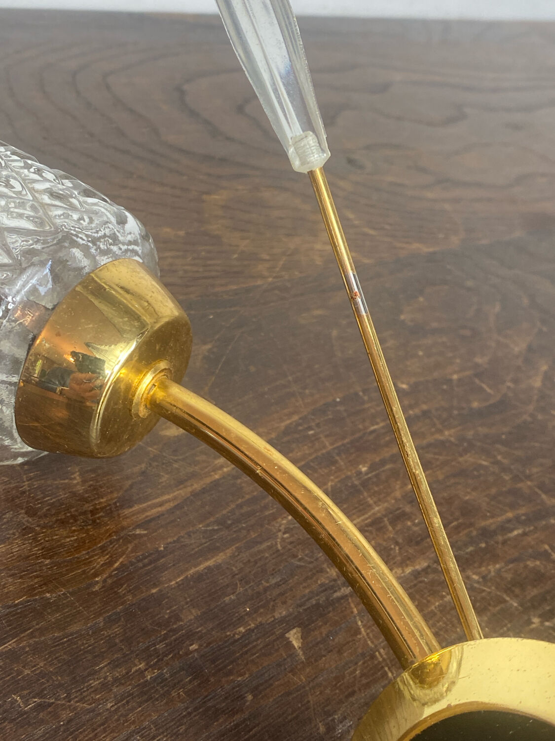 Pair of retro wall lights, brass and glass