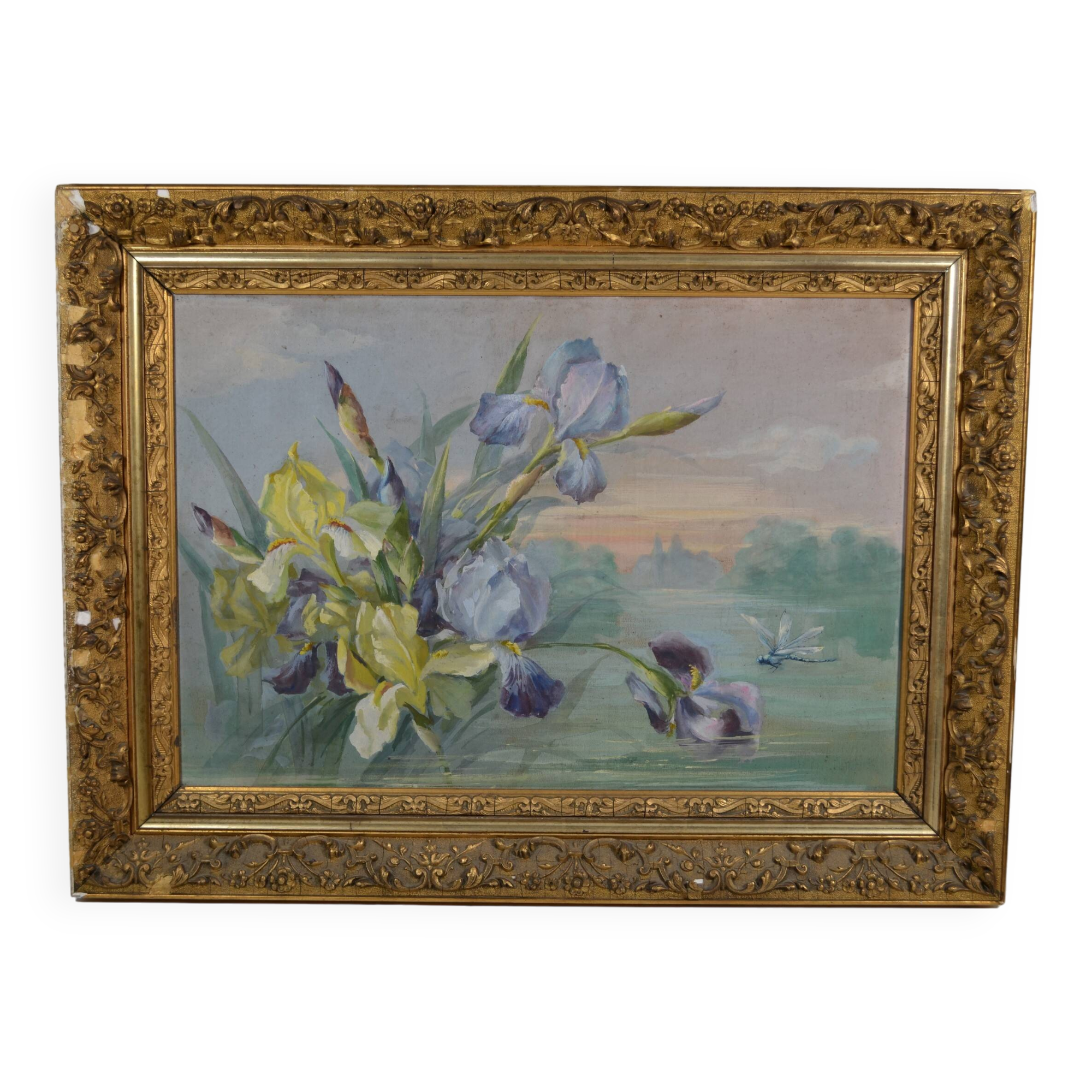 French School circa 1900 “Irises and dragonflies” Painted silk.