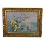 French School circa 1900 “Irises and dragonflies” Painted silk.