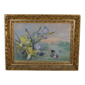 Ecole Française vers 1900 “Iris et libellules" Soie peinte.