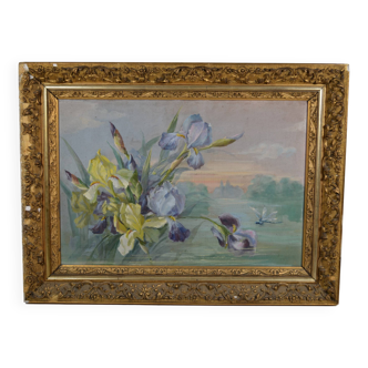 Ecole Française vers 1900 “Iris et libellules" Soie peinte.