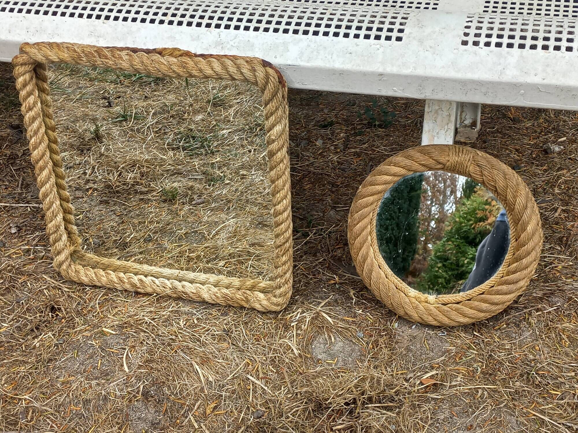 Set of 2 Audoux and Minet mirrors with rope from the 1950s.
