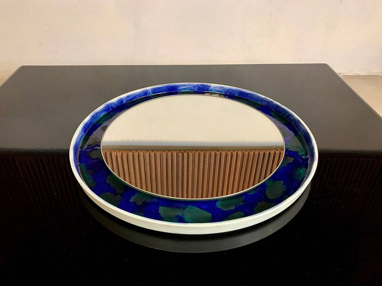 Hand-painted round ceramic art wall mirror, Germany 1960s