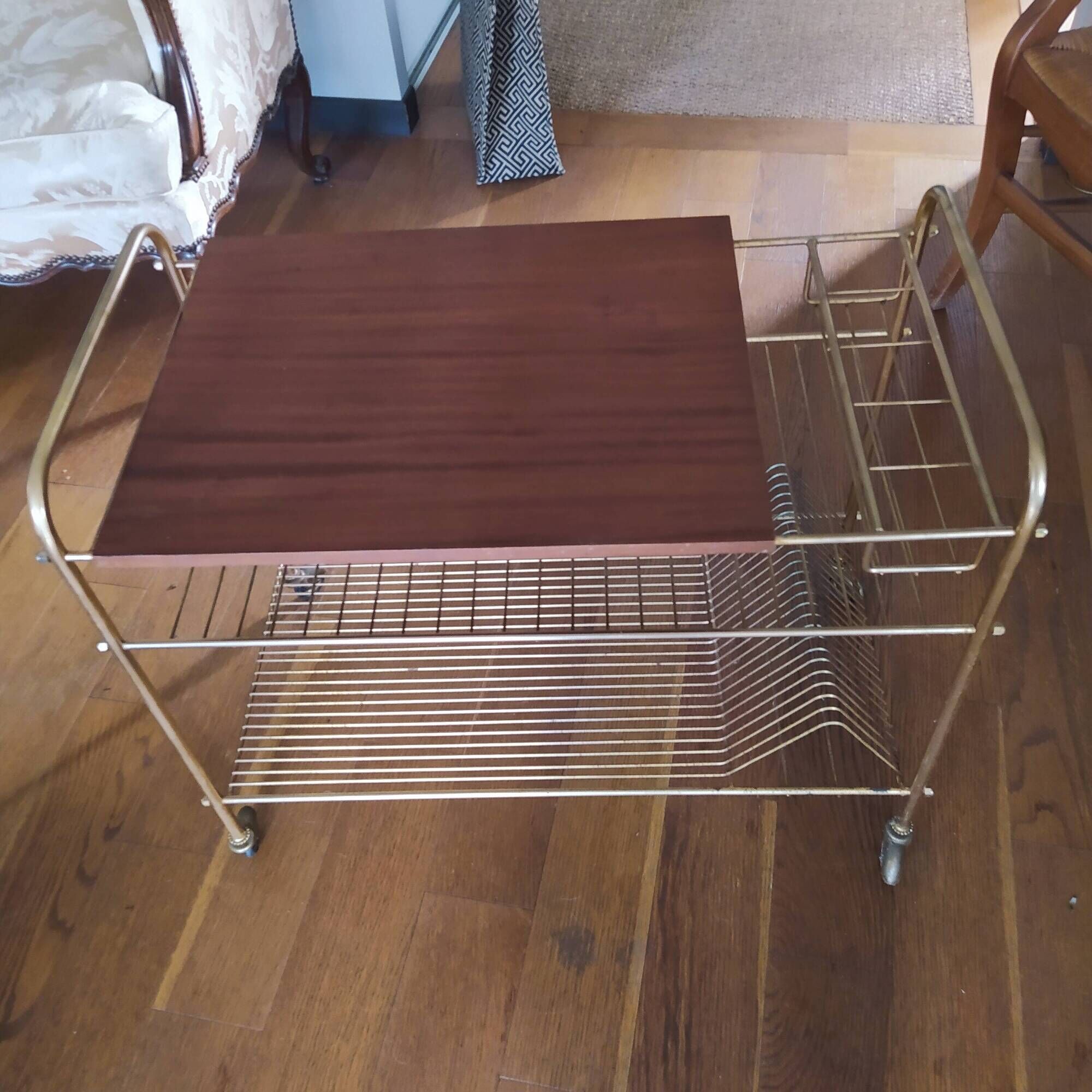 wooden and brass vinyl door trolley from the 1960s/1970s
