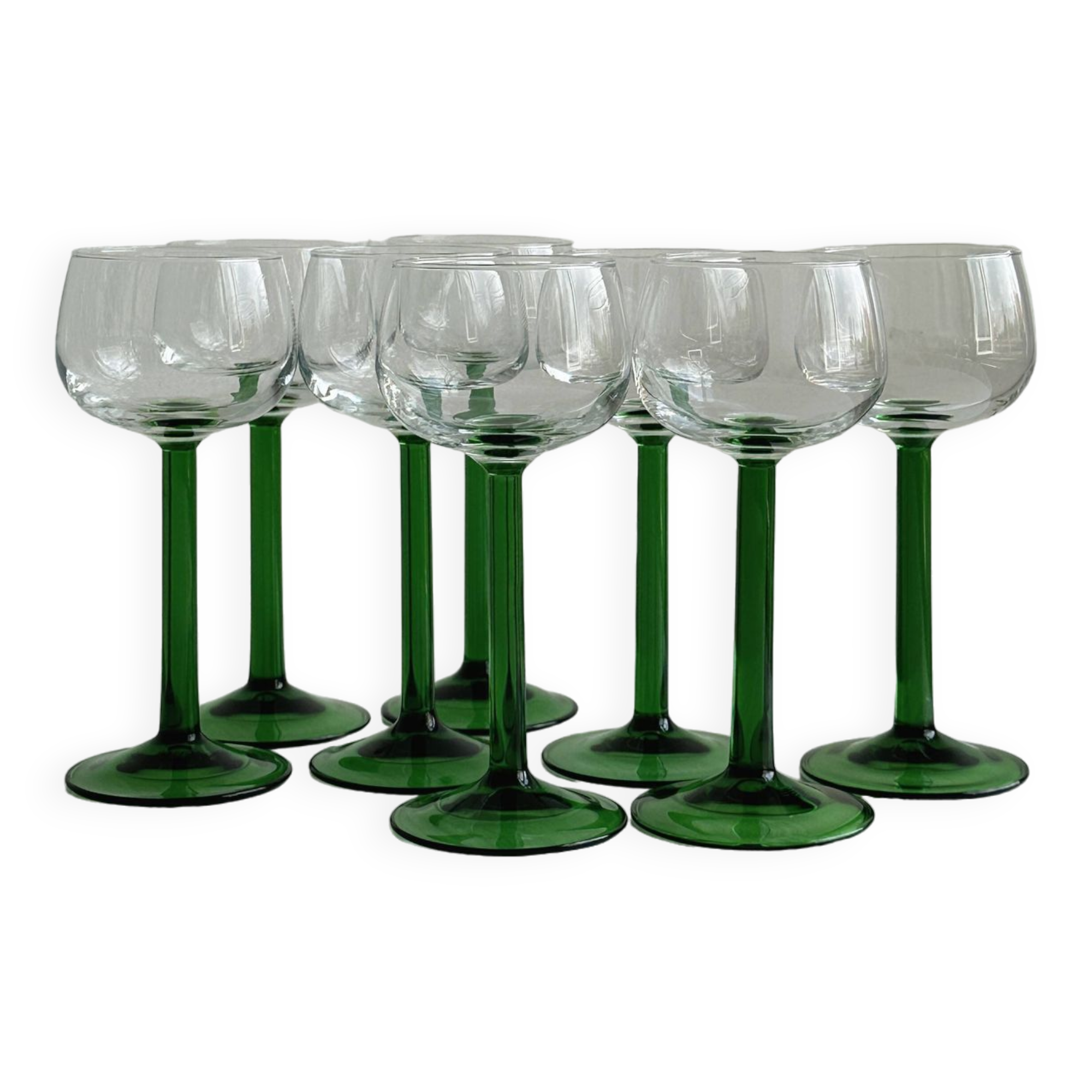 8 Alsatian stemmed glasses, transparent glass and green stems.