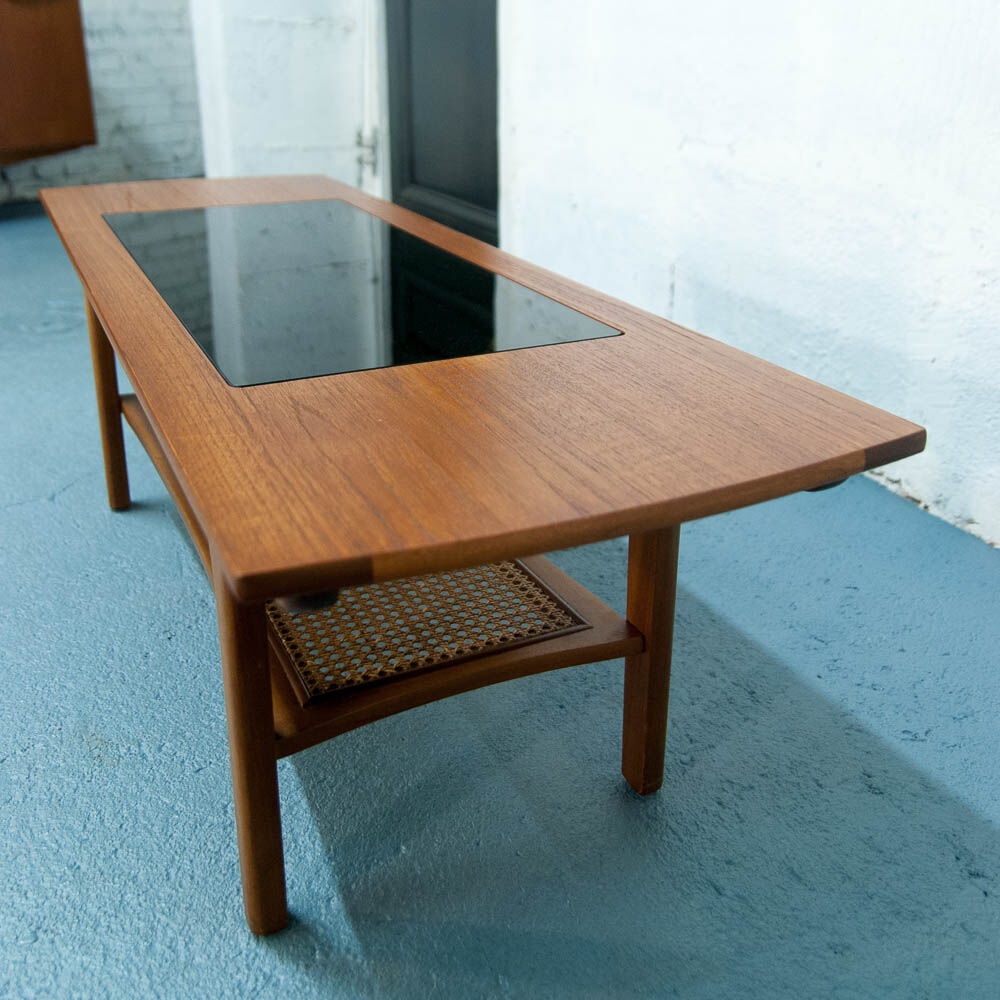 Cane, glass and teak coffee table