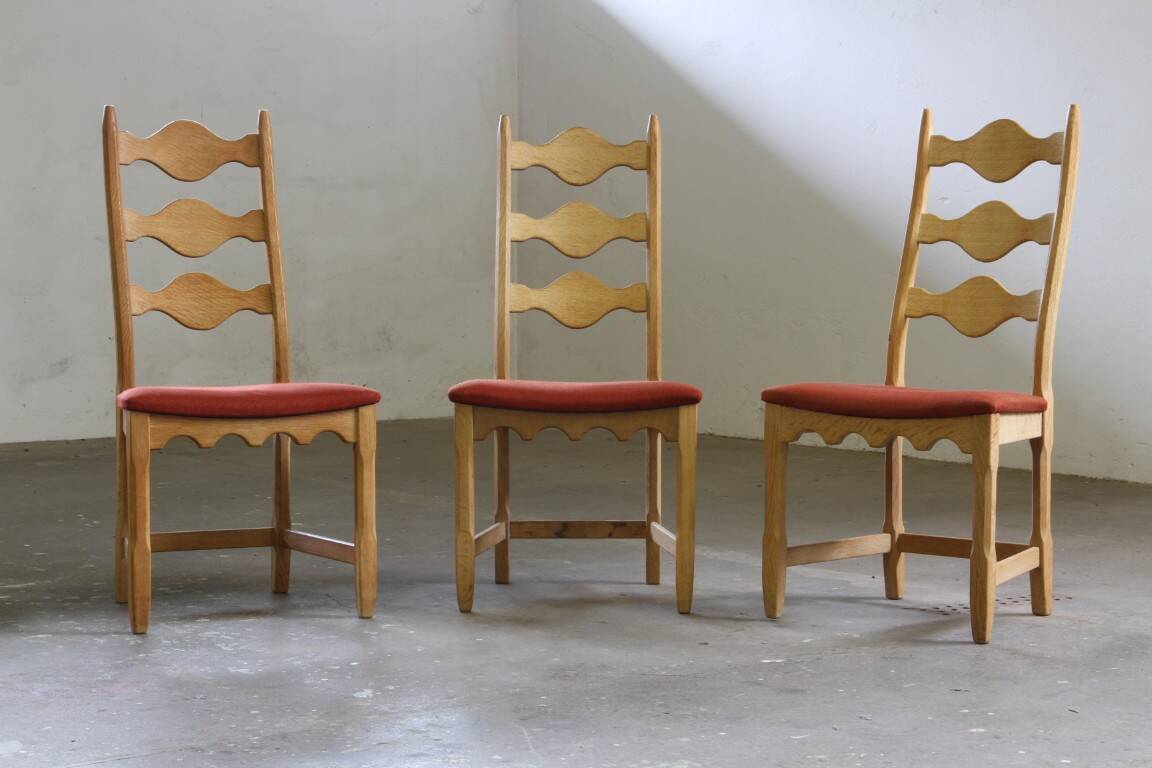 Vintage 1960s Danish Brutalist Ladderback Light Oak Chairs style of Kjærnulf