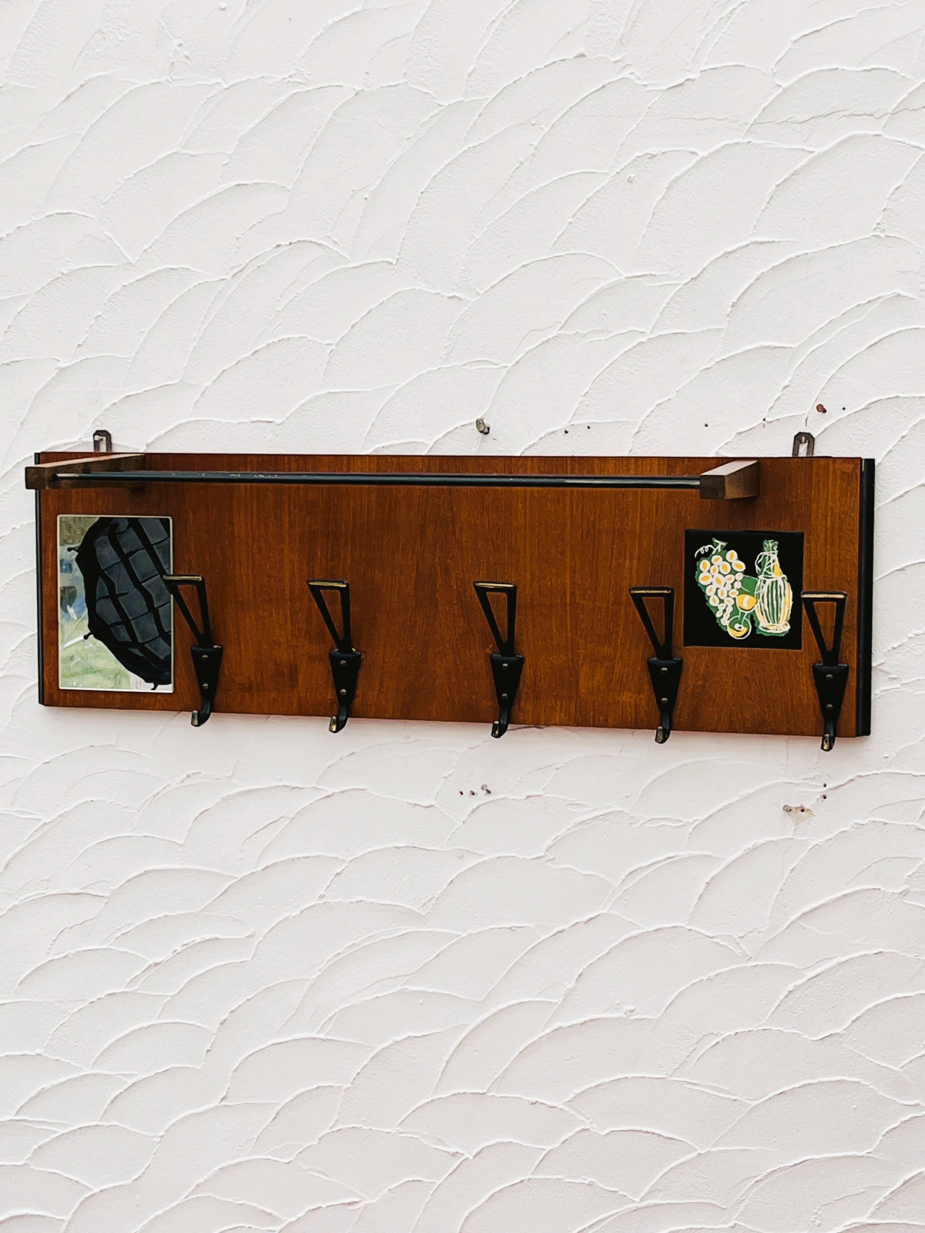 Vintage wooden wall coat rack mirror from the 1960s.