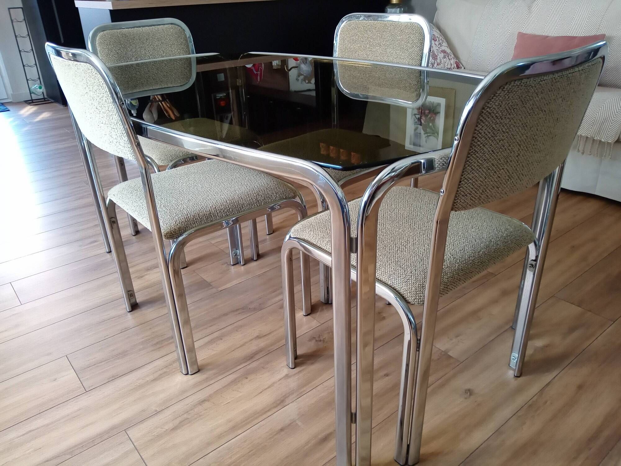 Table and 4 70s chairs chrome base and smoked glass tray chairs green water fabric