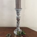 Large candlestick in white patinated wood.