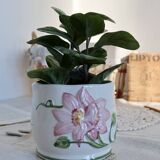 Small vintage earthenware cache pot with pink flower slip pattern