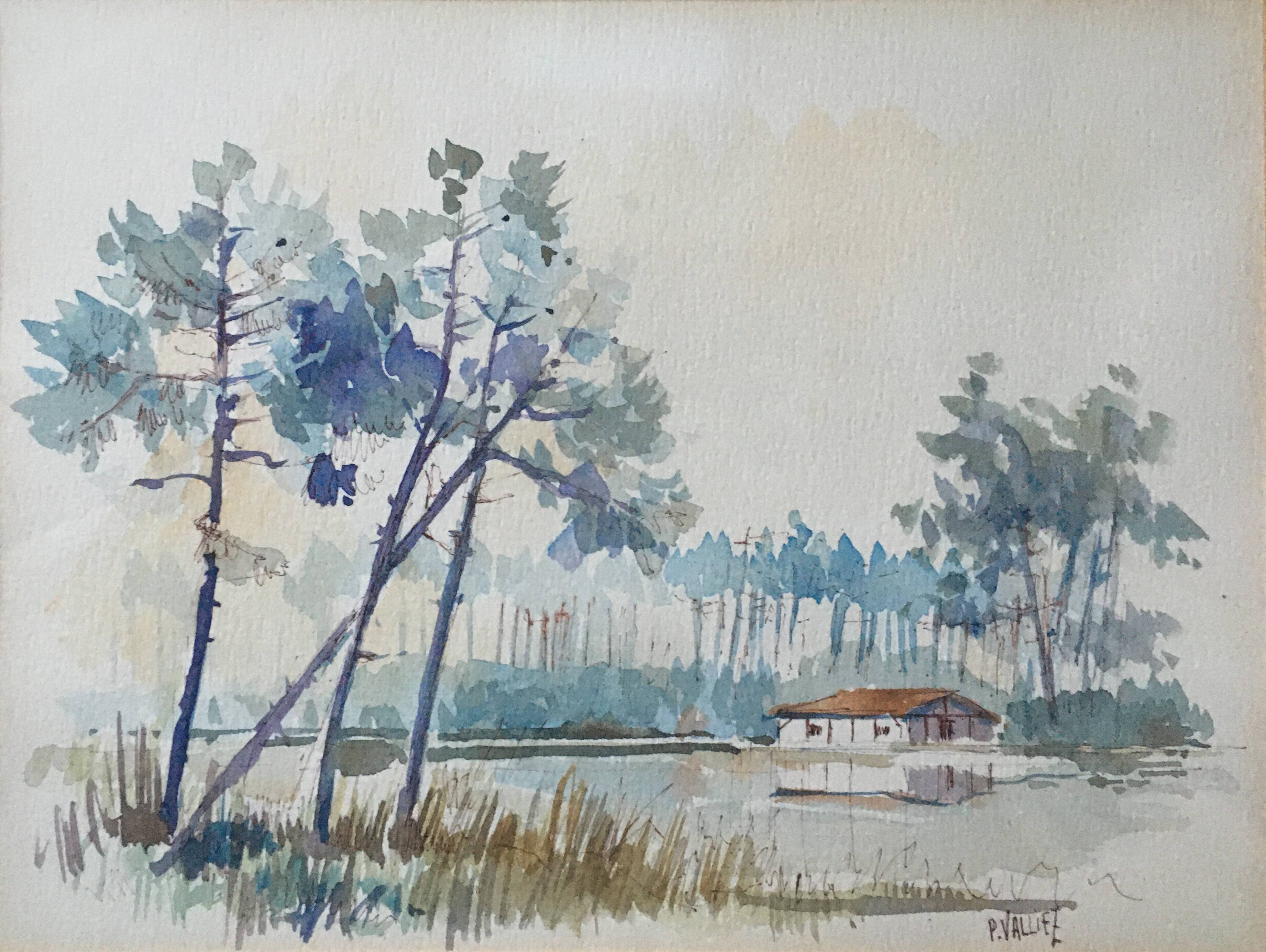 Painting Watercolor "The House by the Lake" Landes by P. Valliez Dordogne