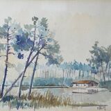 Painting Watercolor "The House by the Lake" Landes by P. Valliez Dordogne