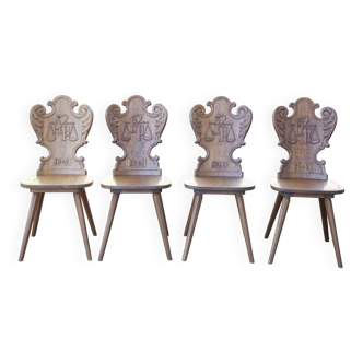 Set of 4 carved wooden chairs, mountain chair, handmade chair, caduceus