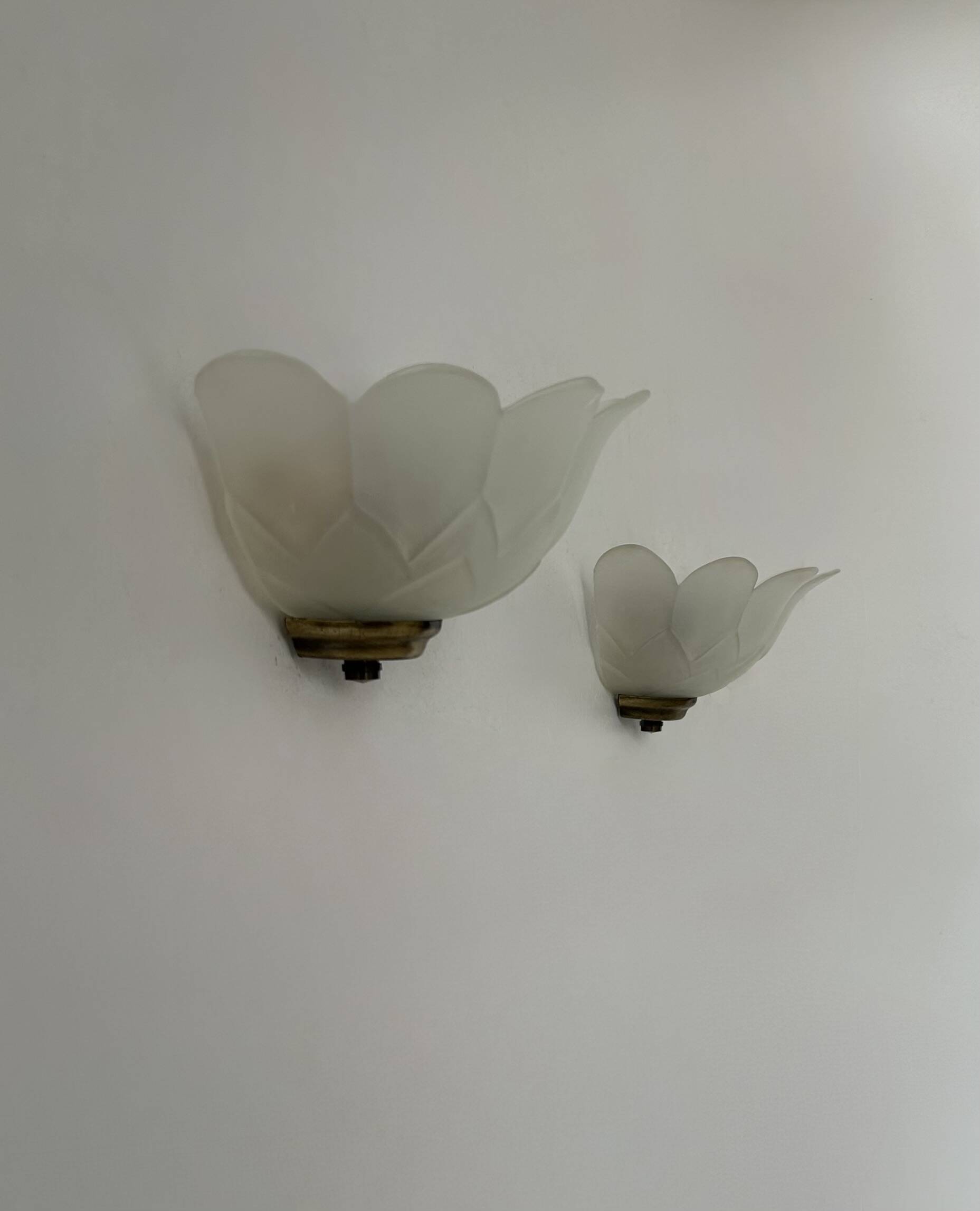 Pair of vintage brass and sandblasted glass wall lights, France, 1970