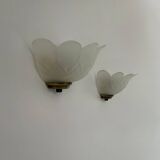 Pair of vintage brass and sandblasted glass wall lights, France, 1970