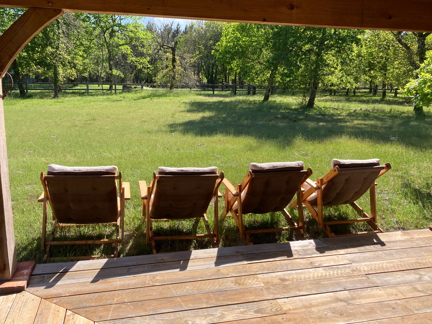 4 garden armchairs 1970 in pine and beige fabric