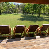 4 garden armchairs 1970 in pine and beige fabric