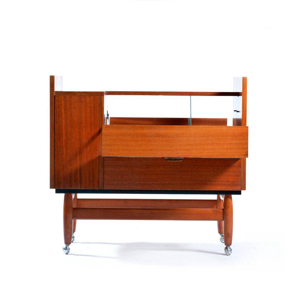 Bar Sideboard On Wheels In Mahagony & Brass, Czechoslovakia 1970