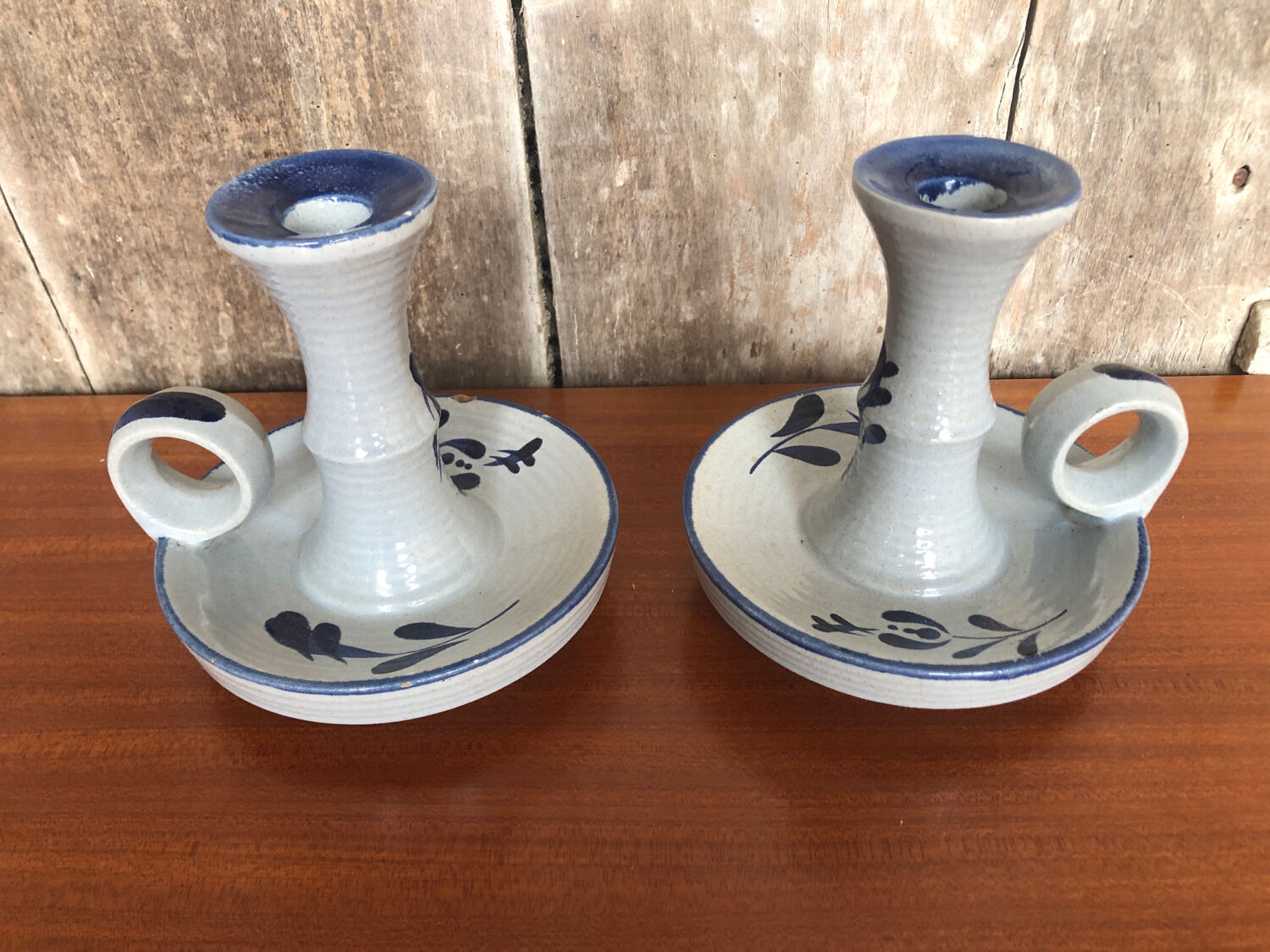 Old pair of hand candlesticks st clément céramique bleue france #a266