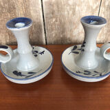 Old pair of hand candlesticks st clément céramique bleue france #a266