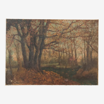 Paysage de sous bois, peinture à l'huile ancienne sur toile