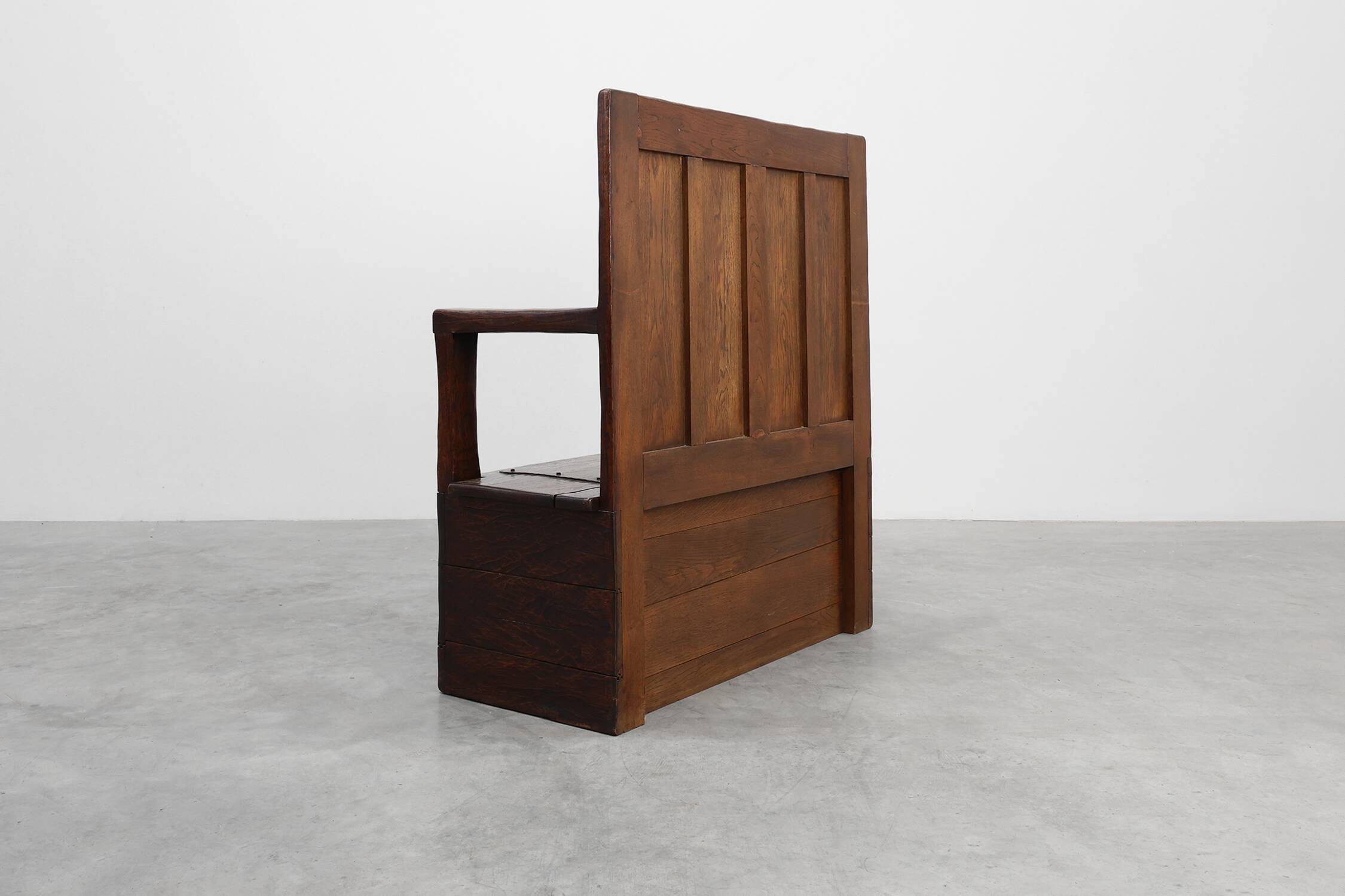 Rustic solid oak carved bench with storage compartment, France 19th century