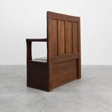 Rustic solid oak carved bench with storage compartment, France 19th century