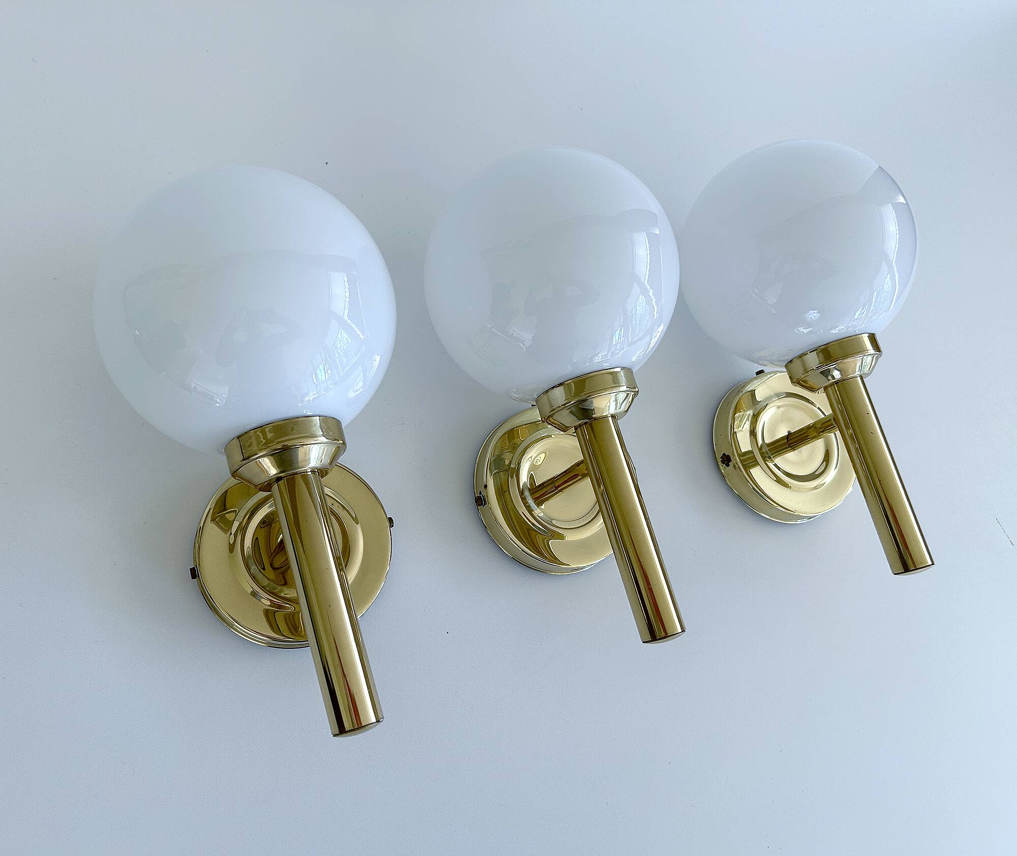 3 Vintage Scandinavian Glass and Brass Wall Lights