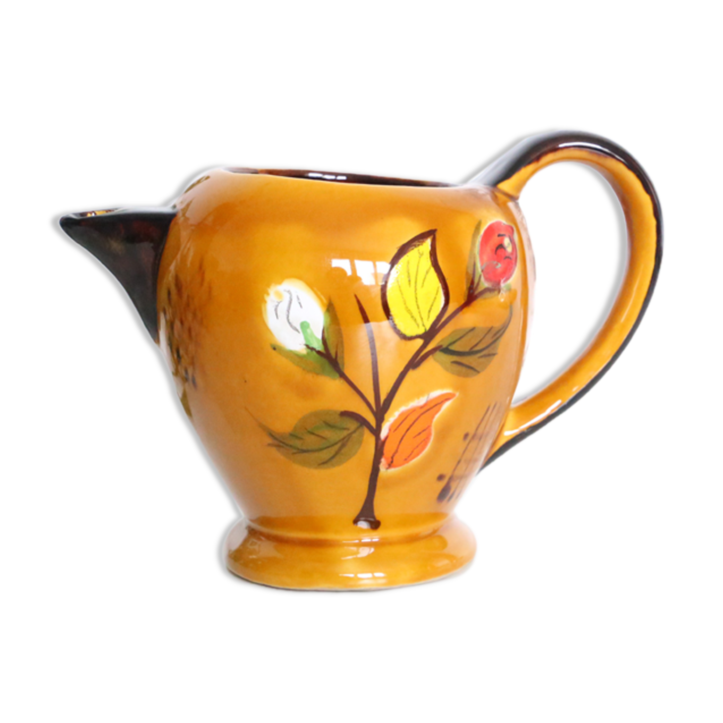 Pichet en céramique, marron et fleuri, vintage