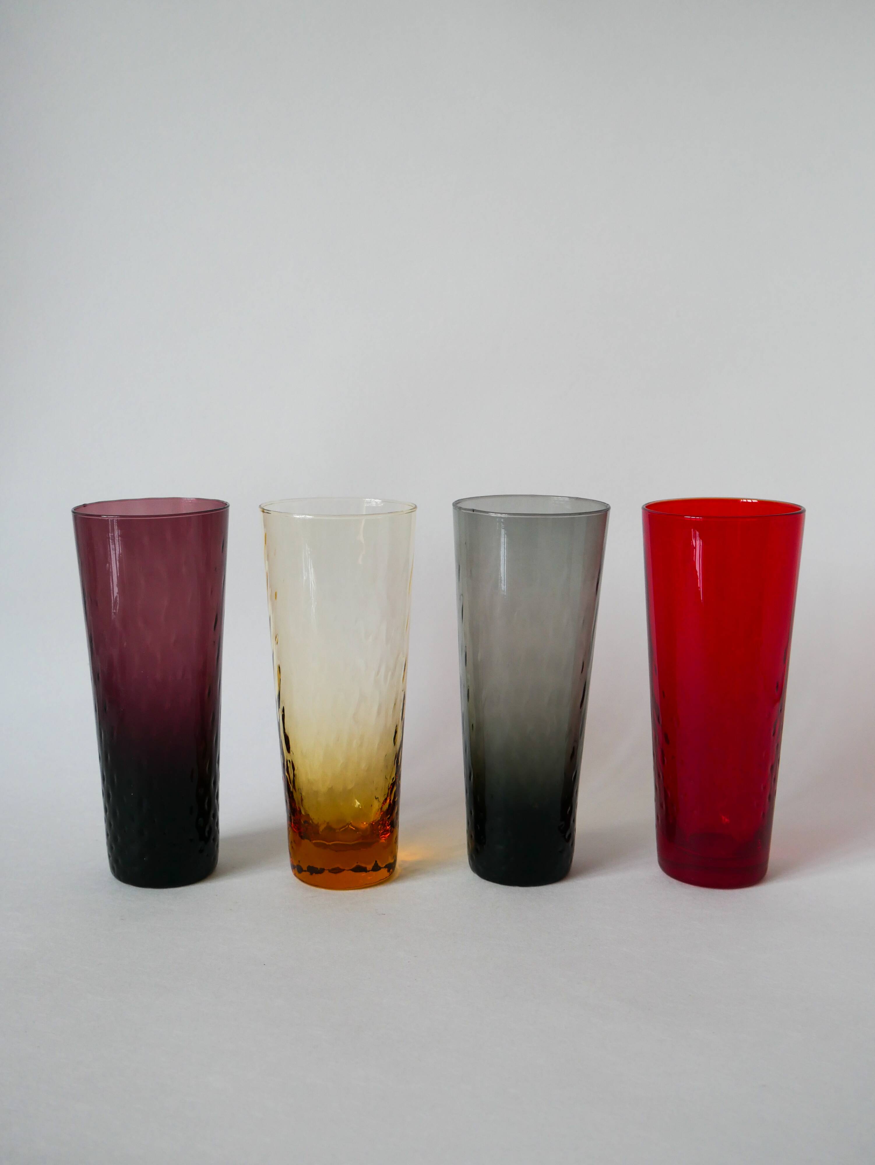lot de 4 verres Long Drink colorés et texturés Design 1970