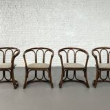 Round Oak Dining Table and Rattan Armchairs, Set of 5