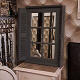 Dark grey wooden trompe l'oeil shutter mirror 1990 / wall decoration object Shutter-style mirror