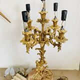 Pair of gilded bronze candlesticks, marble bases.