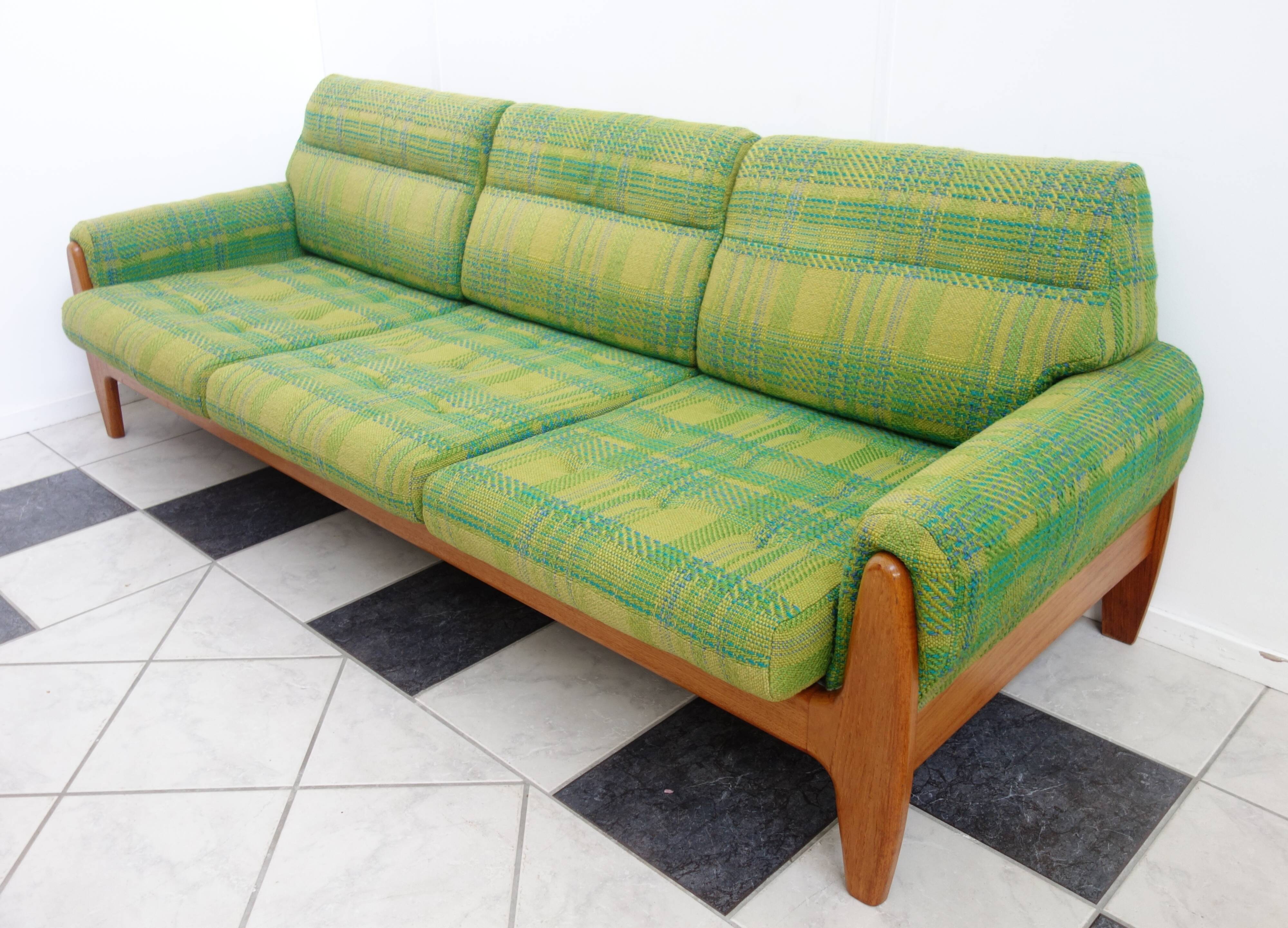Green three seat sofa Teak frame