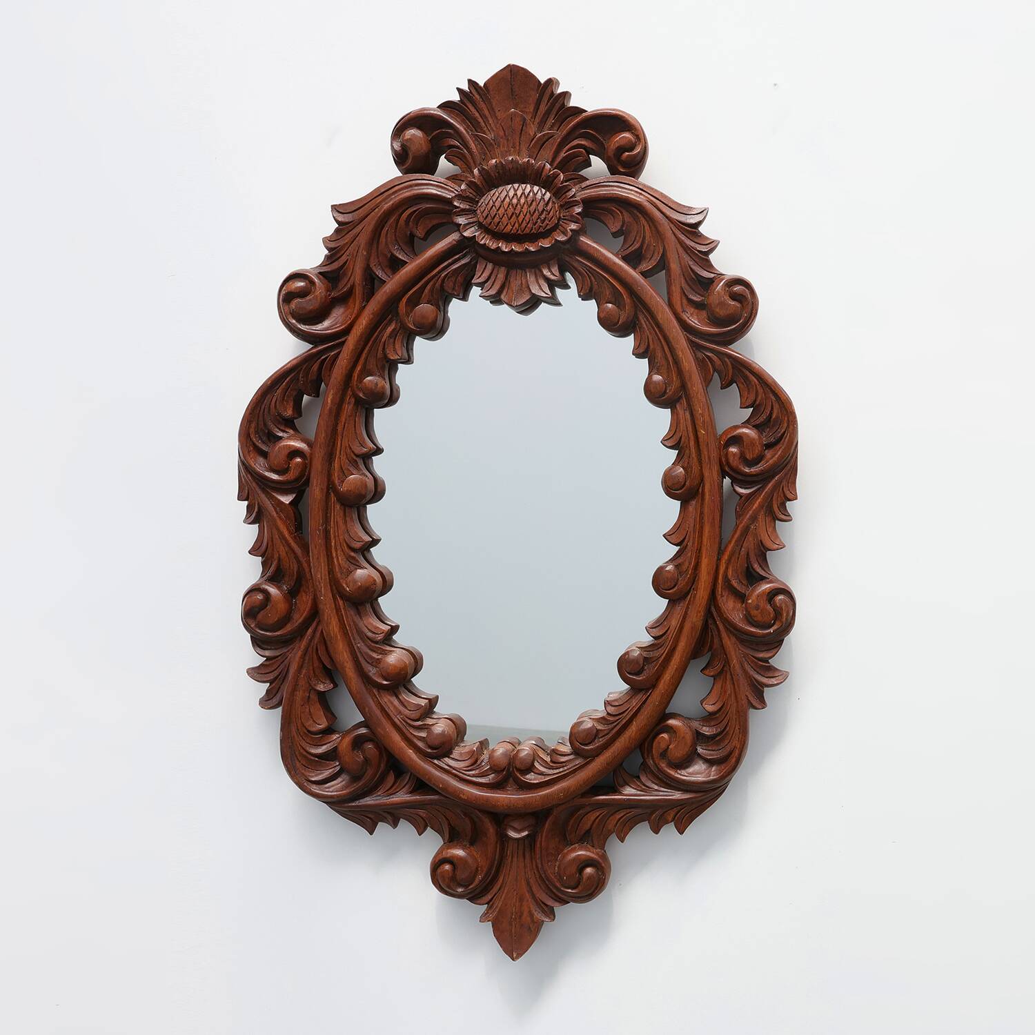 French Carved Walnut Oval Mirror with Pierced Acanthus Crest, circa 1900