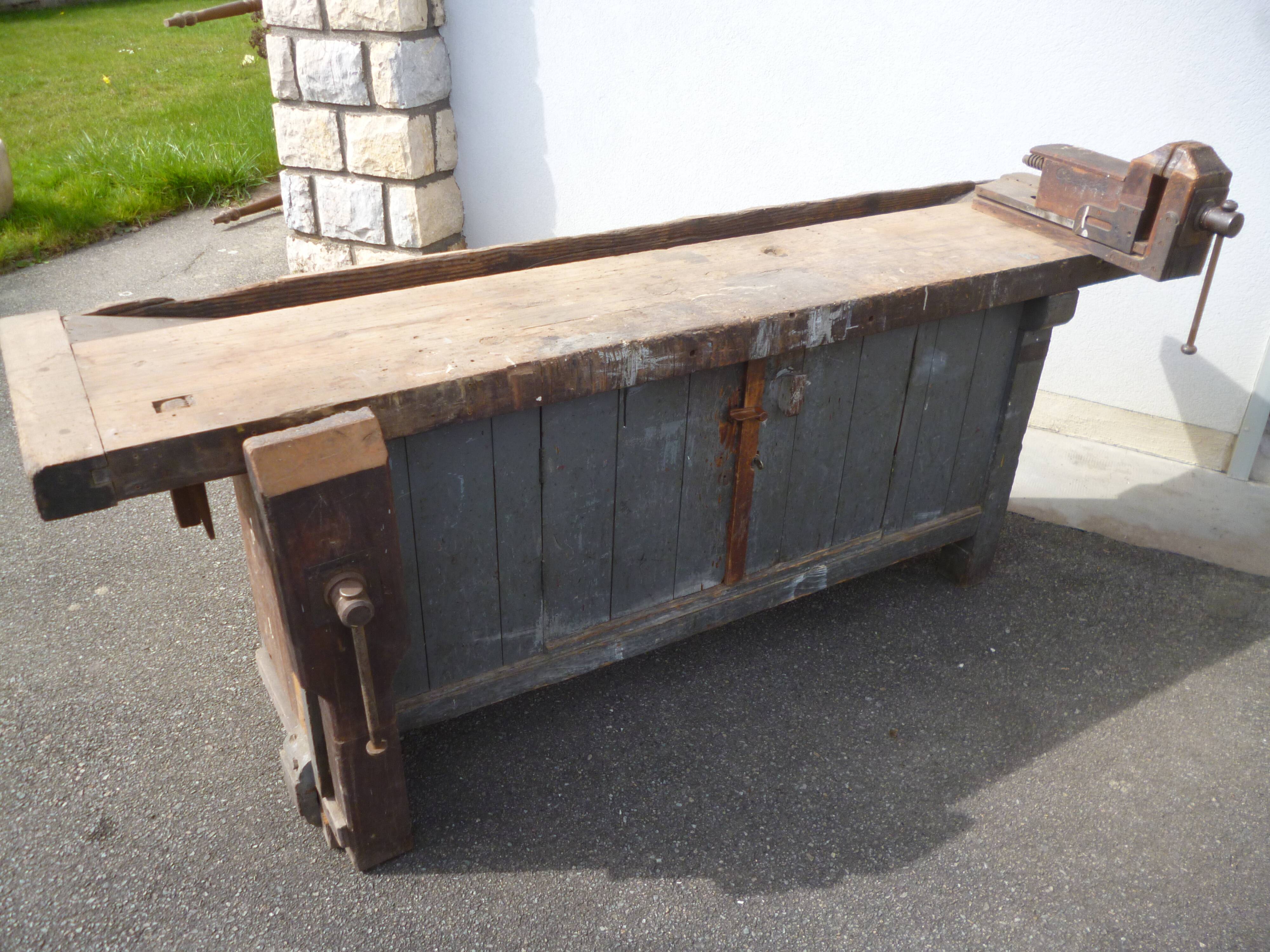 Peugeot brand old green patina wooden workbench