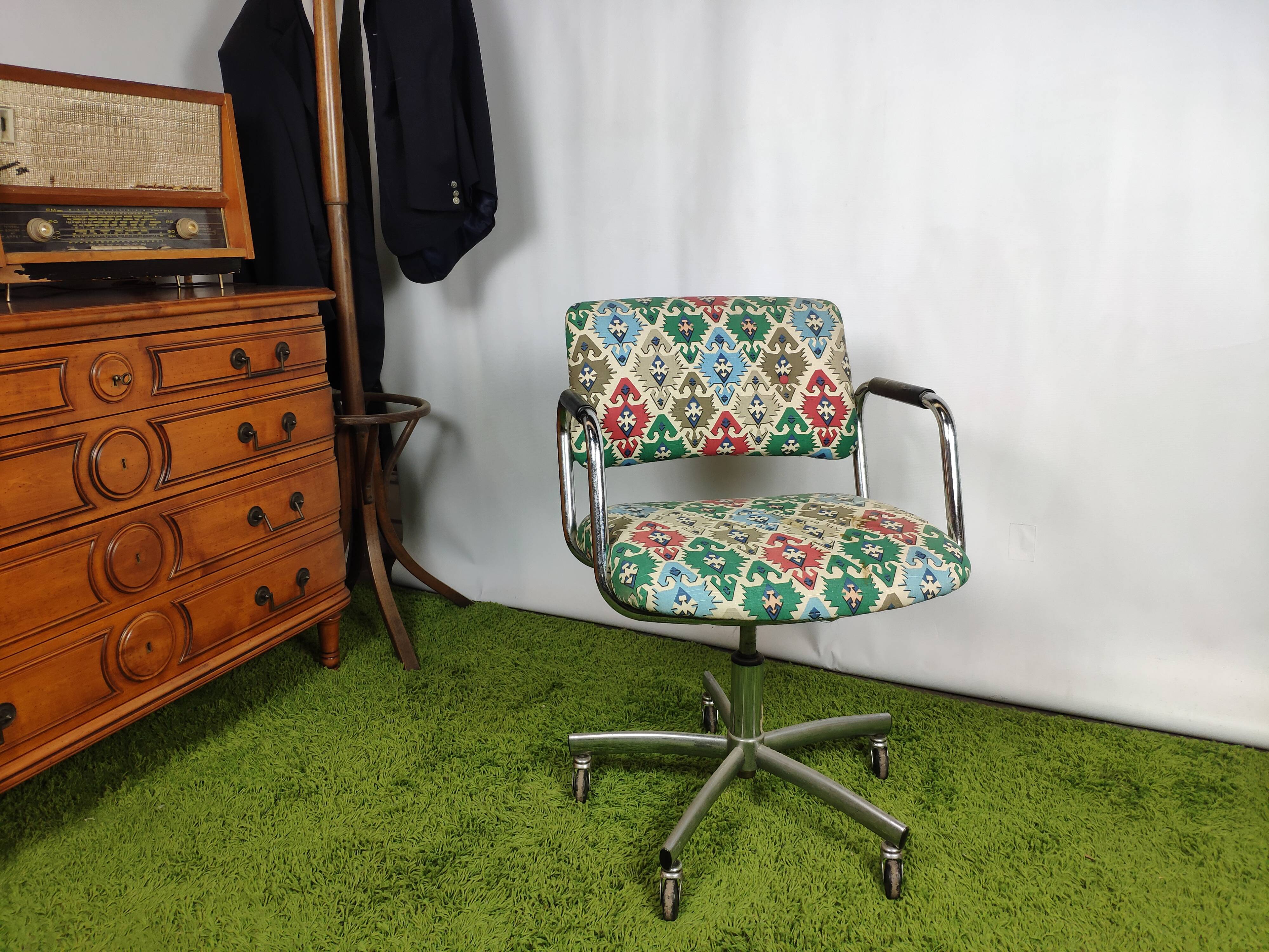 Vintage fabric desk and chrome stainless steel swivel on wheels
