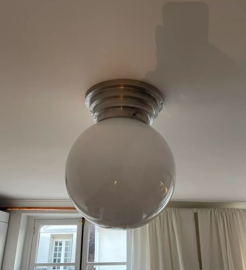 Modernist art deco stepped ceiling lamp, chrome and opaline, vintage