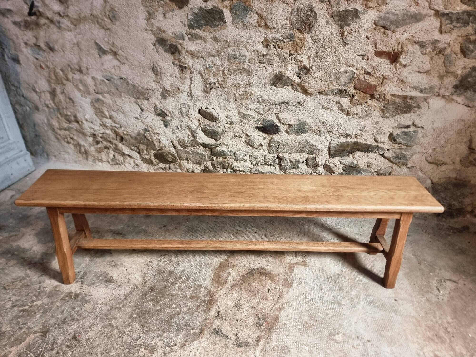 Vintage oak bench, solid wood dining bench, rustic farmhouse bench, French country style, circa 1950–1965.