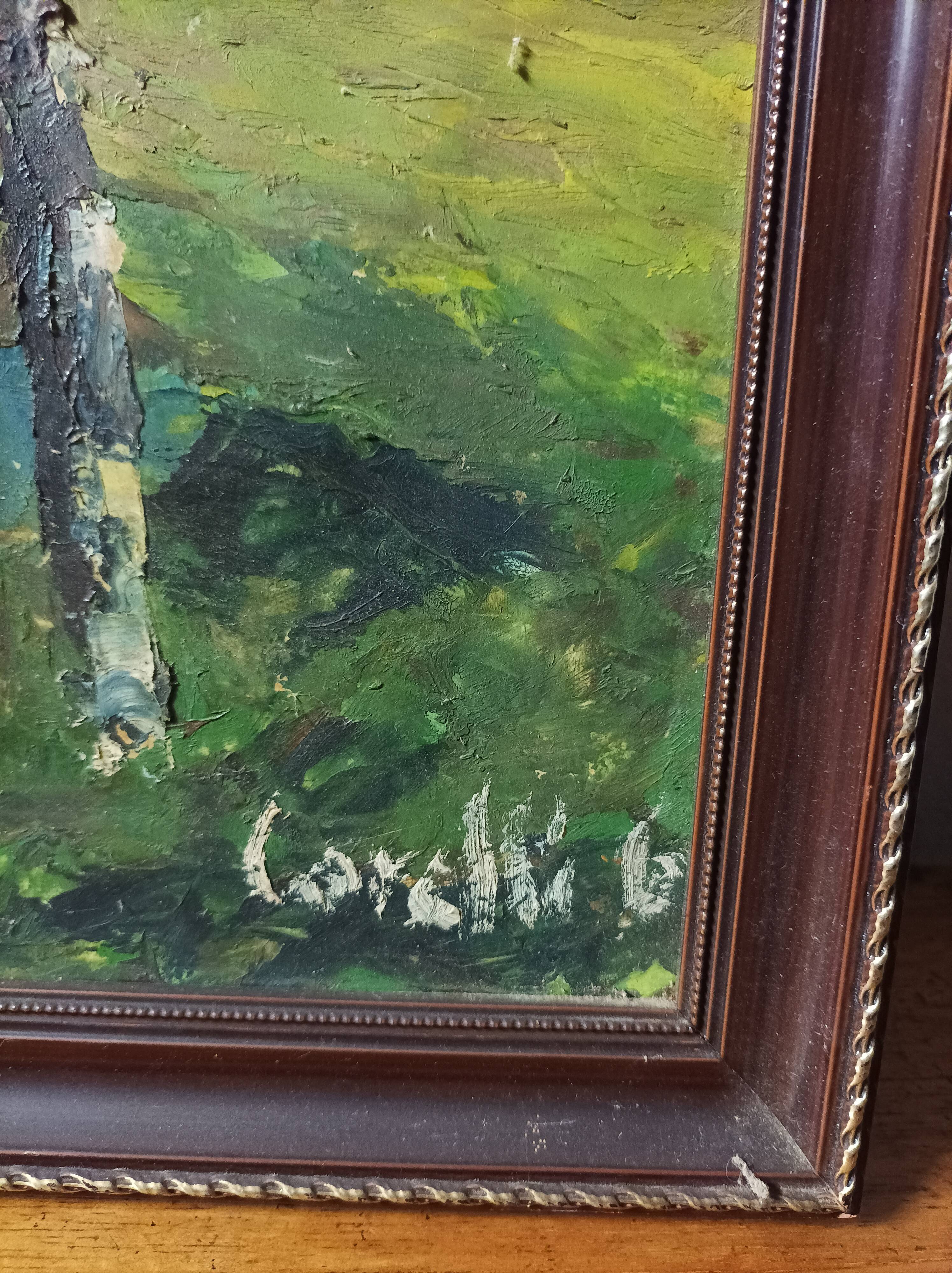 Autumn landscape house on the edge of a pond Oil on panel signed Corelli