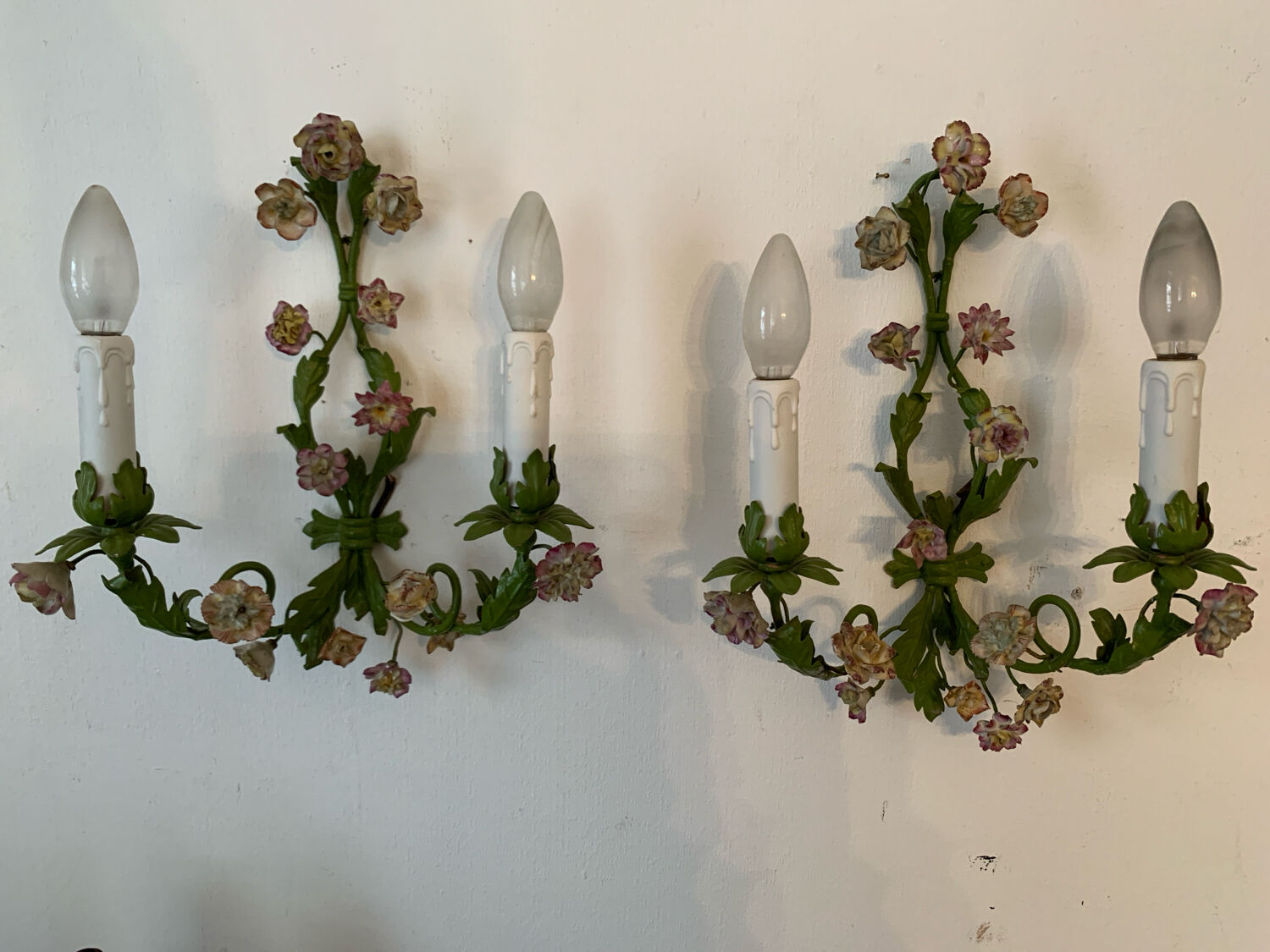 Pair of porcelain flower wall lights